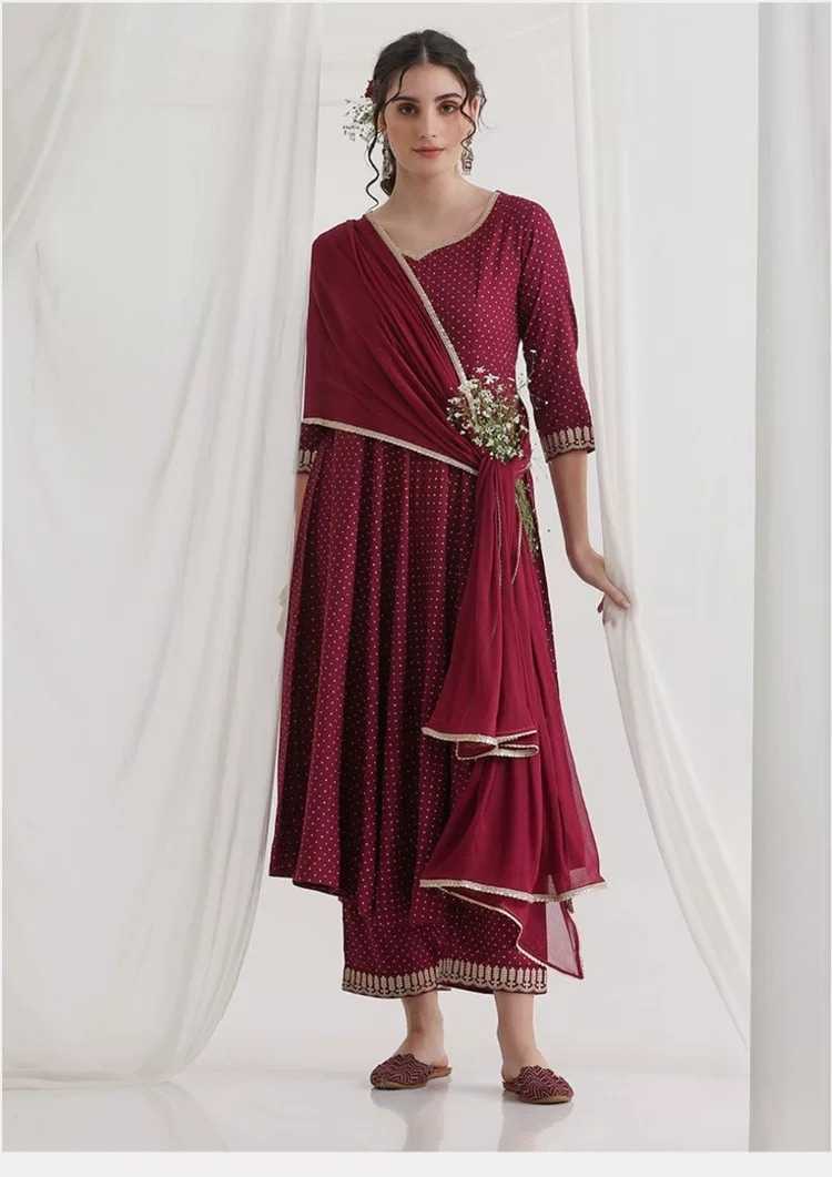 Summer Clothing India - Conjunto de Kurta étnica color granate