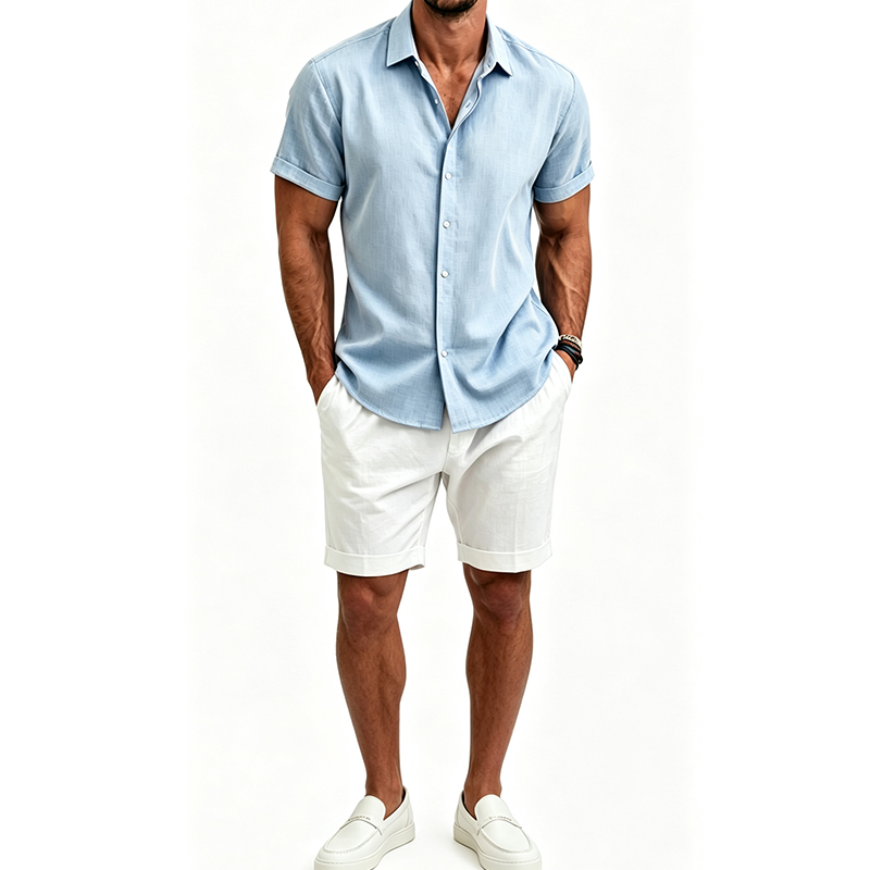 Linen Shorts Men - Conjunto de camisa y pantalones cortos